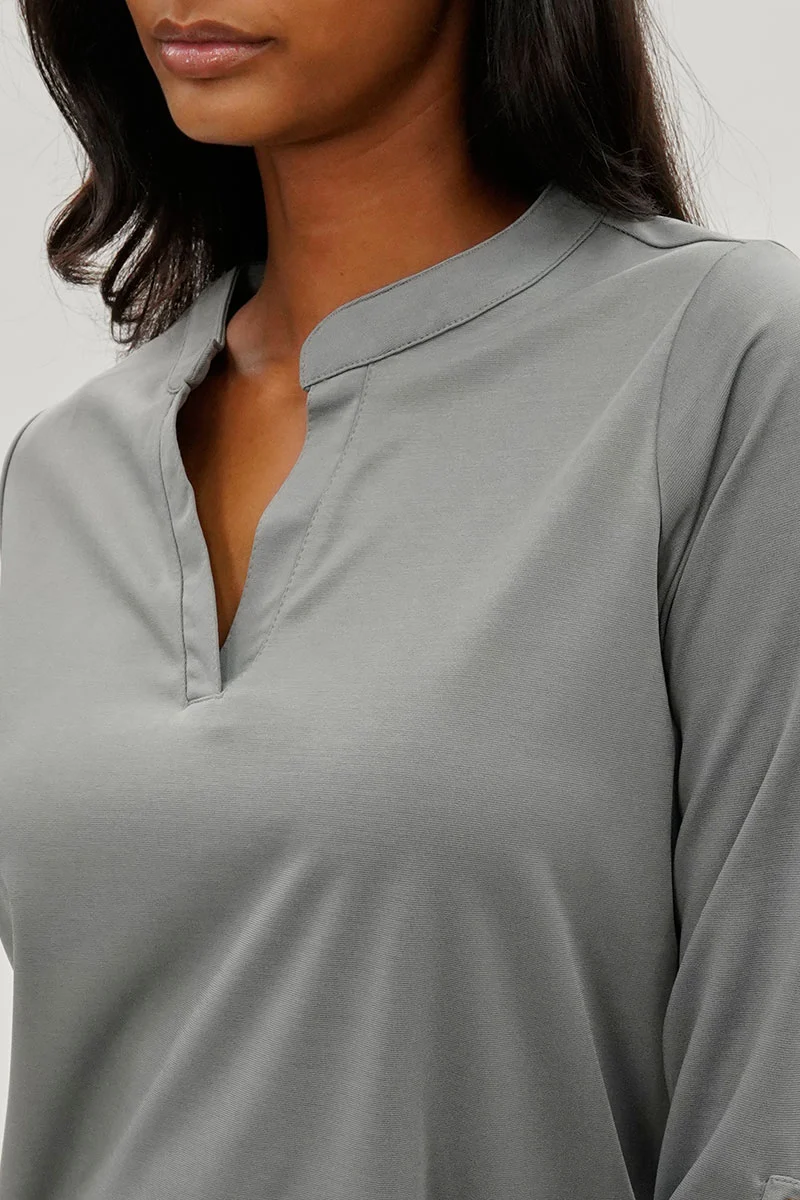 Split Neck Roll Up Sleeve Blouse - Grey - Image 4