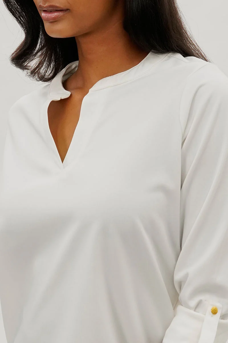 Split Neck Roll Up Sleeve Blouse - White - Image 4