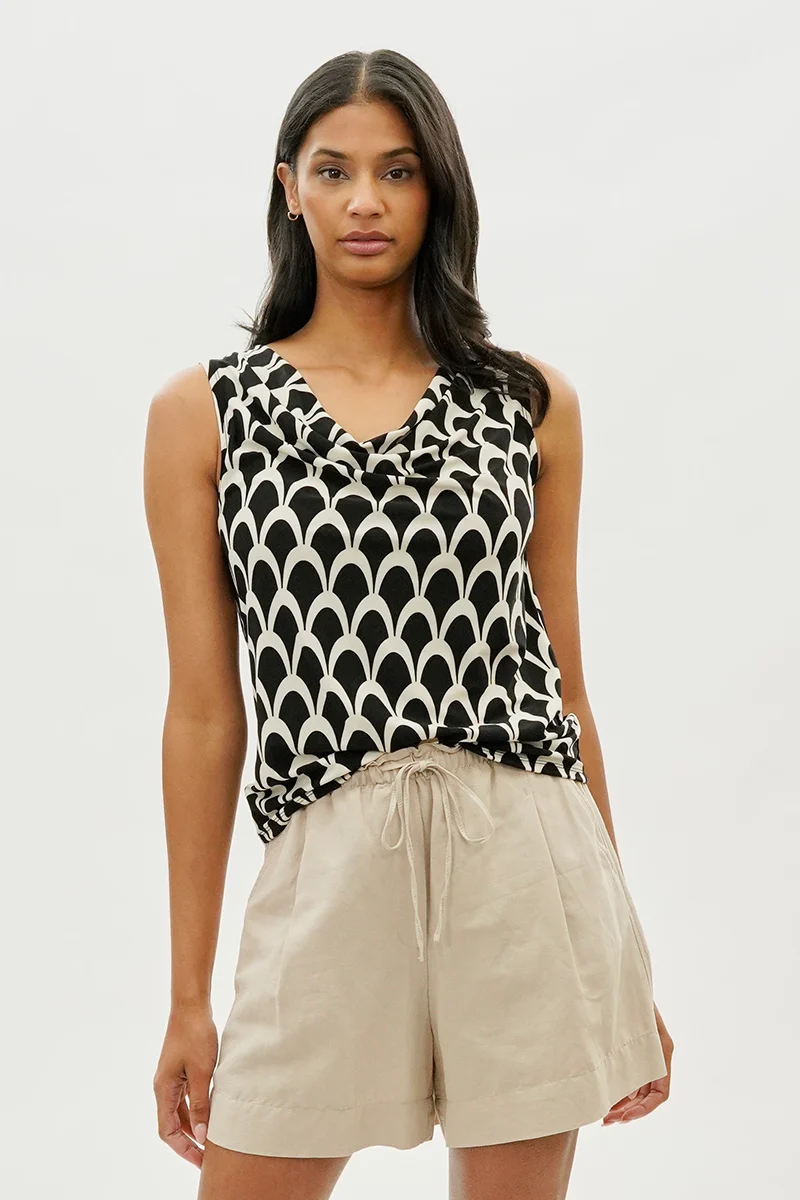 Patterned Cowl Neck Tank Top - Black