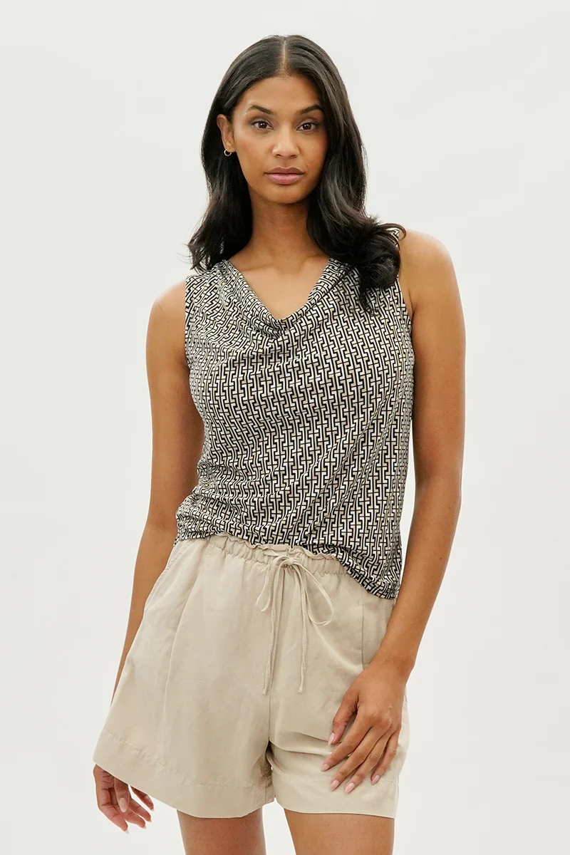 Patterned Cowl Neck Tank Top - Black