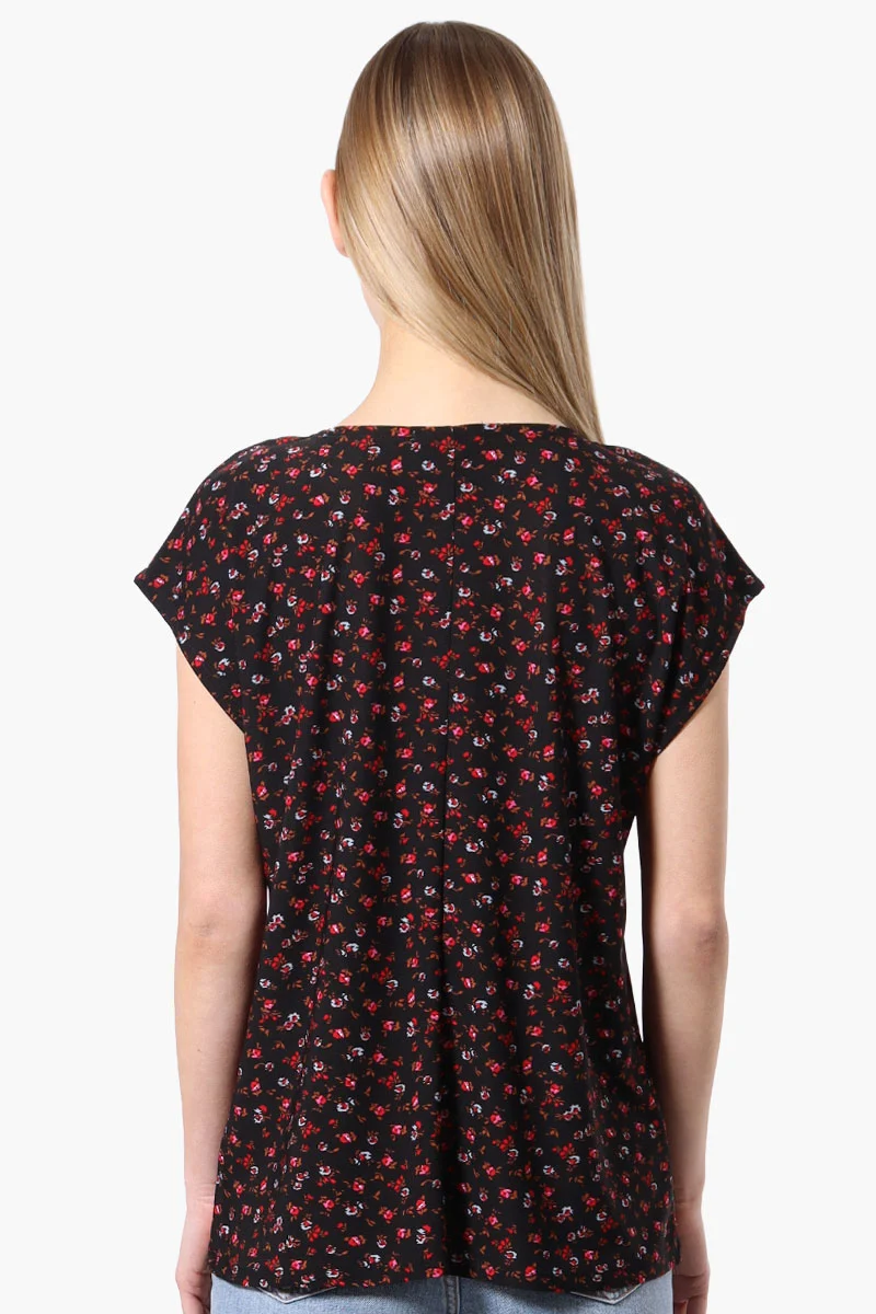Floral Cap Sleeve Tee - Black - Image 3