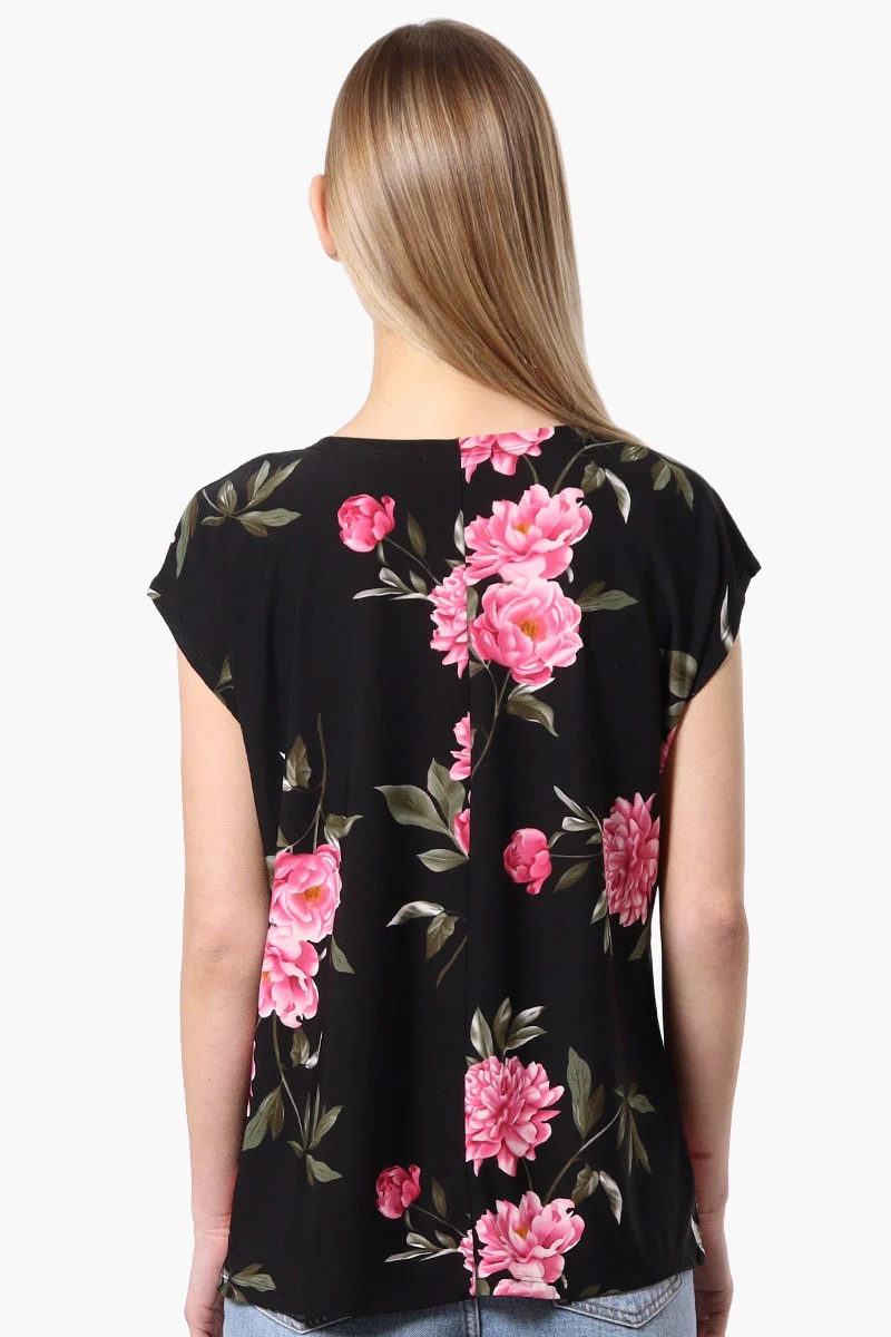 Floral Cap Sleeve Tee - Black - Image 3