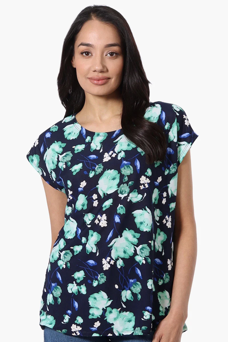 Floral Cap Sleeve Tee - Navy