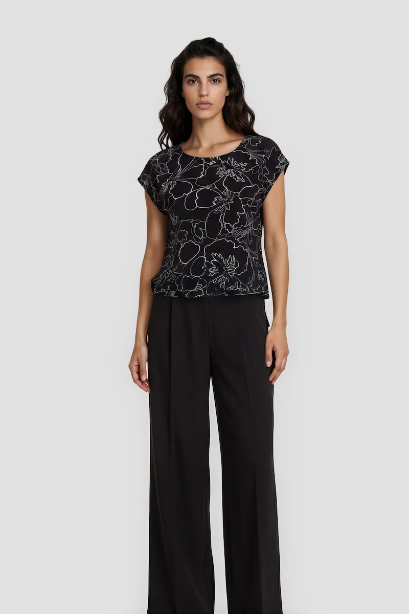 Cap Sleeve Printed Shirt - Black