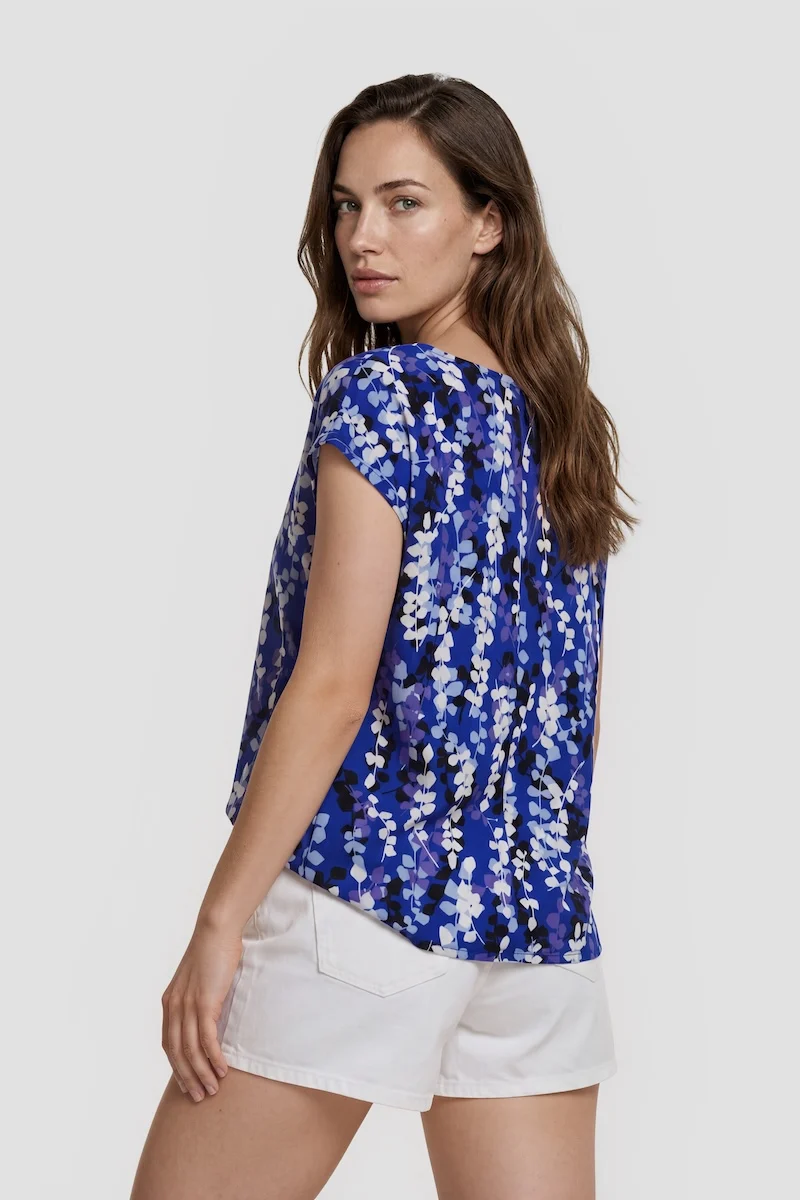 Cap Sleeve Printed Shirt - Blue - Image 2