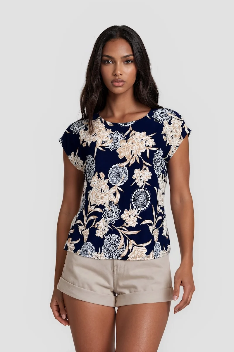 Cap Sleeve Printed Shirt - Multi