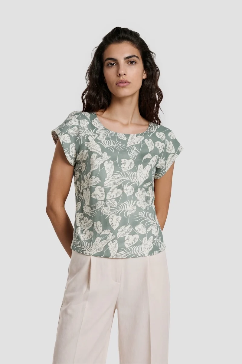 Short Sleeve Plant Print Shirt - Green