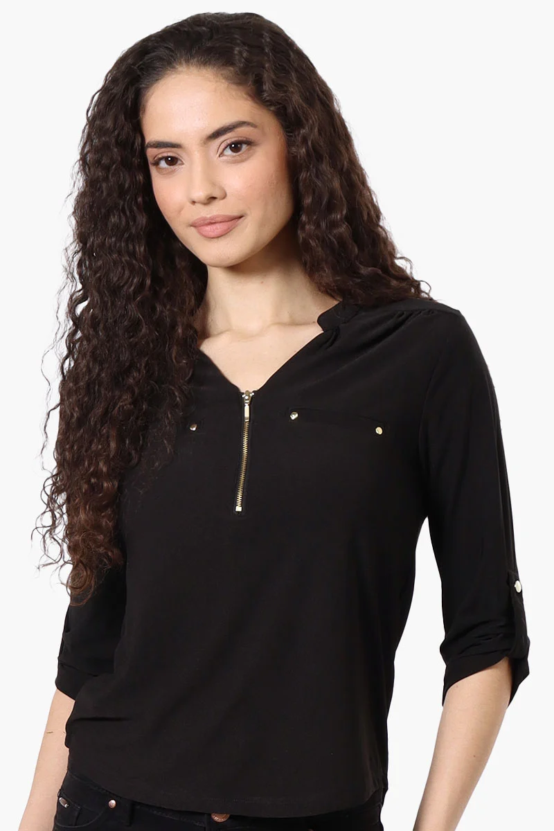 Solid 1/4 Zip Roll Up Sleeve Shirt - Black