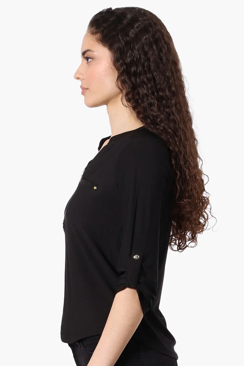 Solid 1/4 Zip Roll Up Sleeve Shirt - Black - Image 2