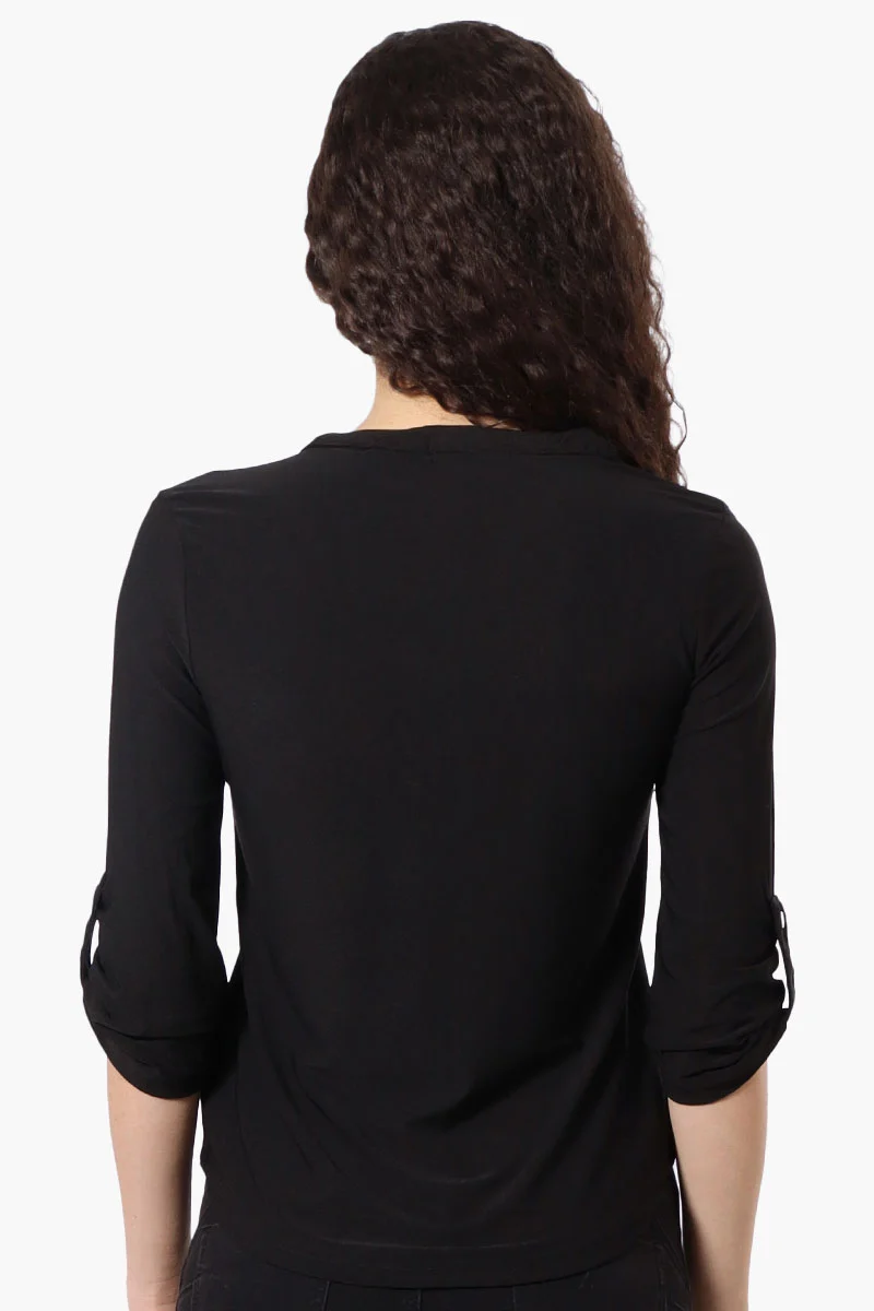 Solid 1/4 Zip Roll Up Sleeve Shirt - Black - Image 3