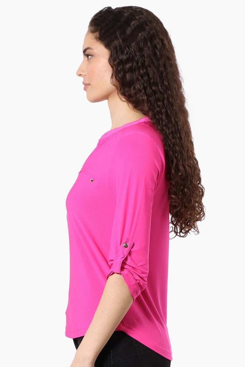 Solid 1/4 Zip Roll Up Sleeve Shirt - Pink - Image 2