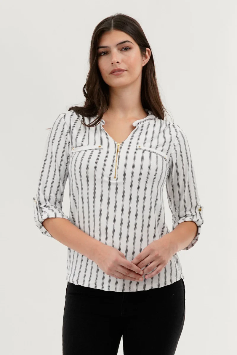 Patterned 1/4 Zip Blouse - White