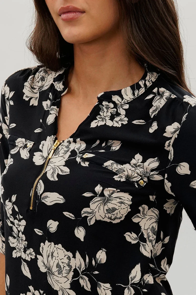 Floral 1/4 Zip Blouse - Black - Image 4