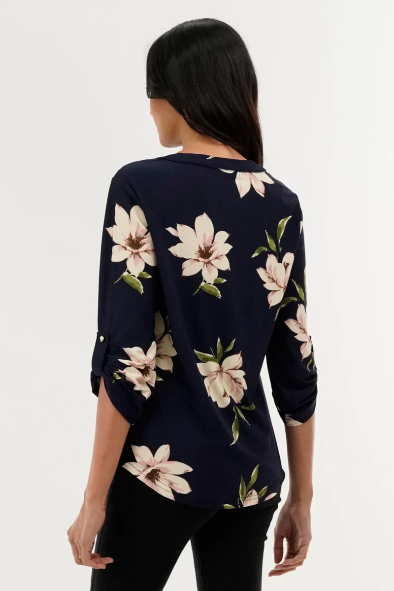 Floral Split Neck Blouse - Navy - Image 3