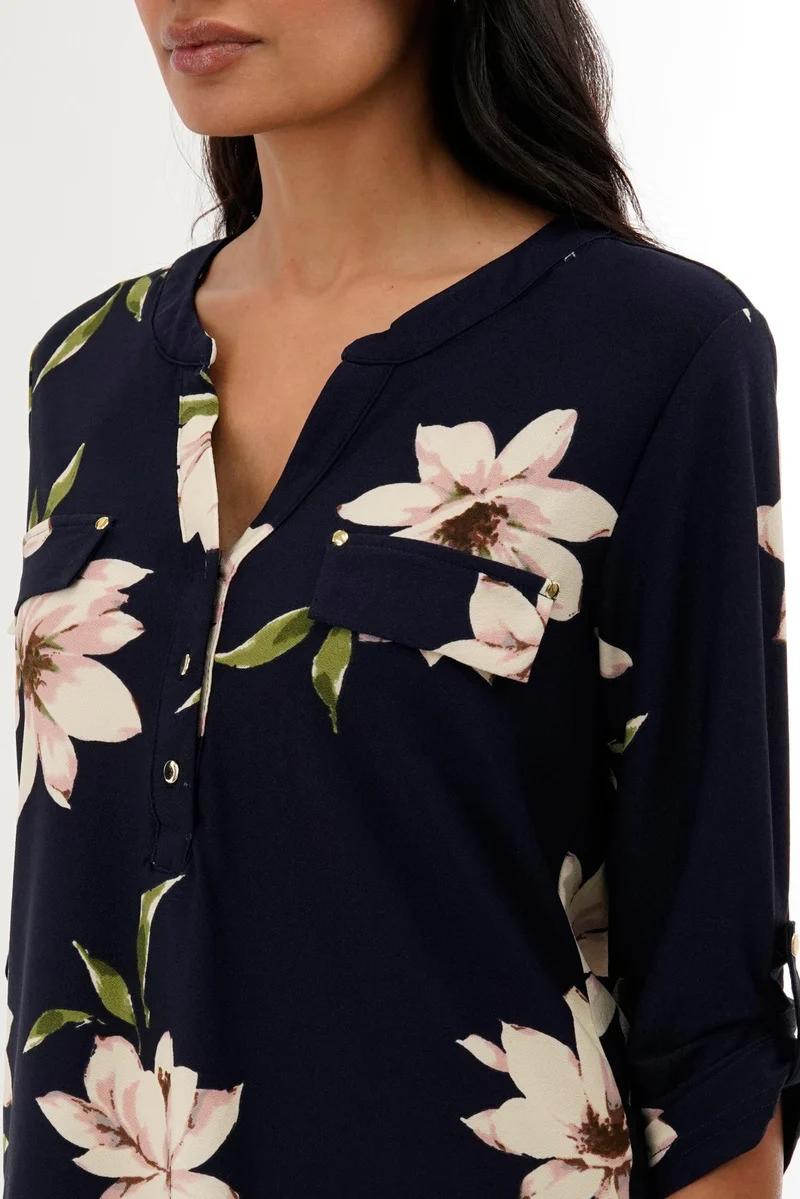 Floral Split Neck Blouse - Navy - Image 4