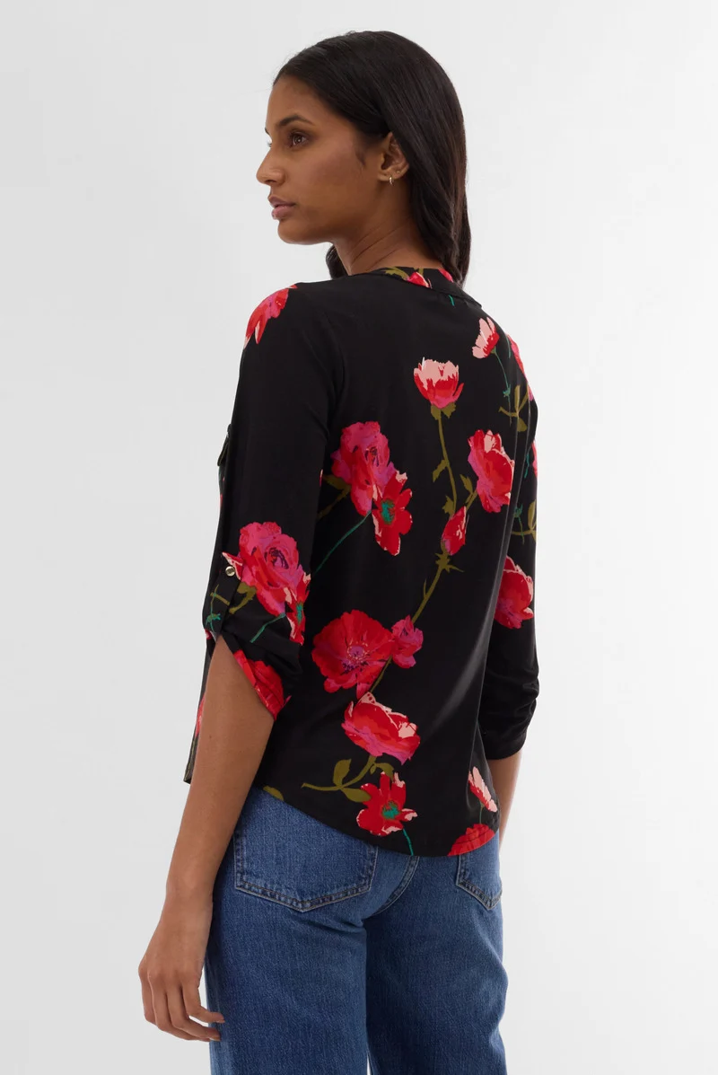 Floral Roll Up Sleeve Blouse - Black - Image 3