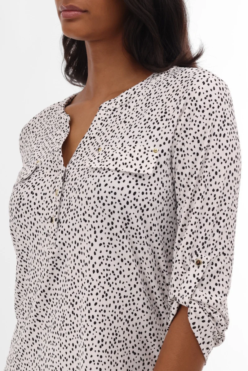 Patterned Roll Up Sleeve Blouse - White - Image 4