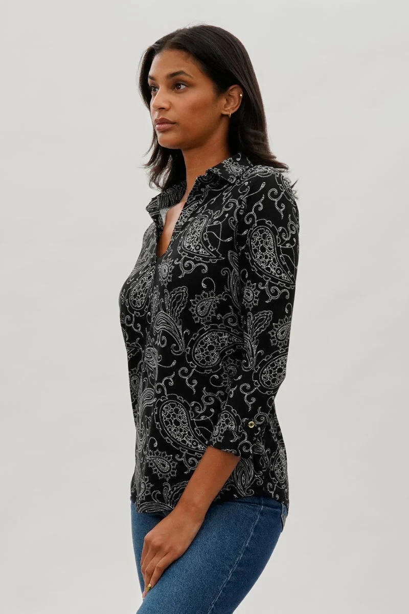 Paisley Print Split Neck Blouse - Black - Image 2