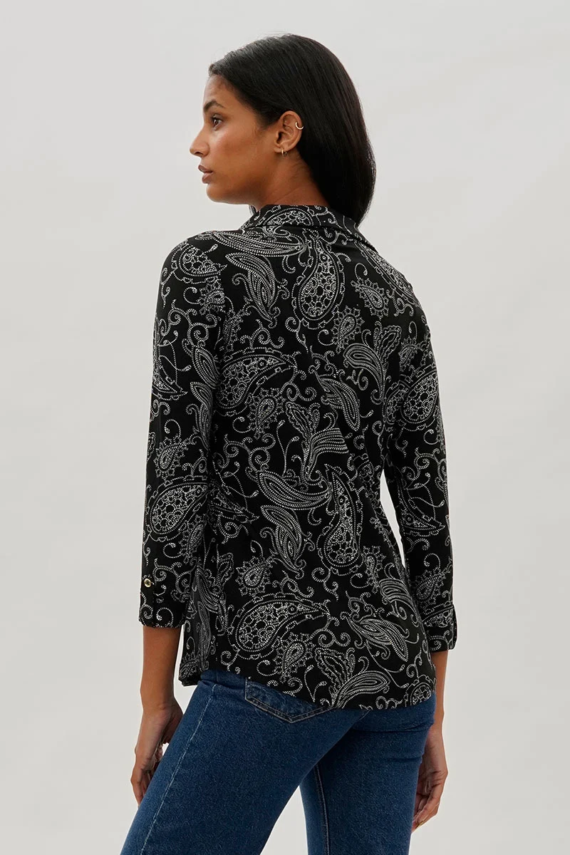 Paisley Print Split Neck Blouse - Black - Image 3