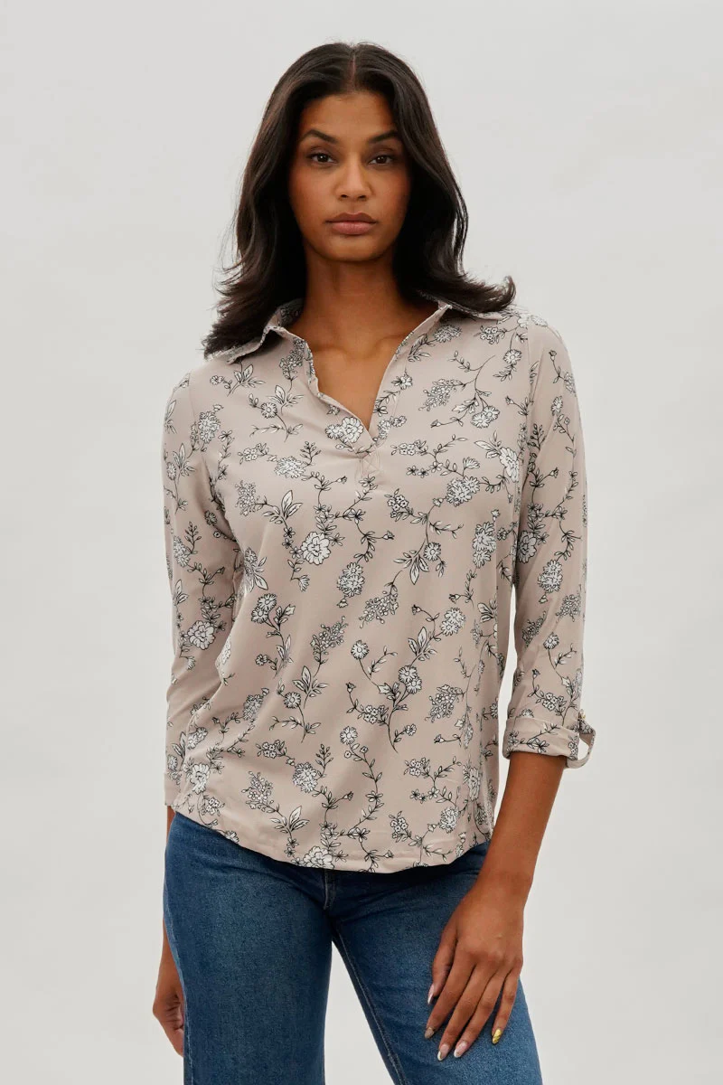 Floral Split Neck Blouse - Taupe