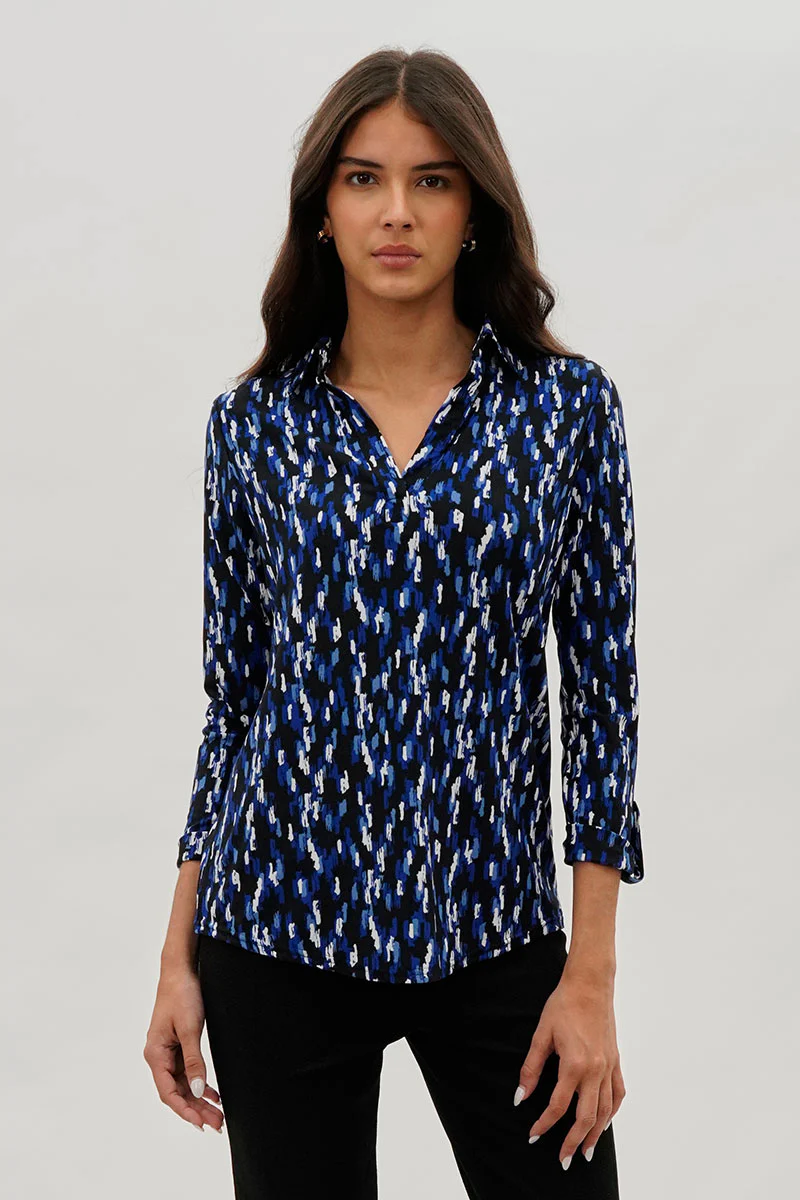Split Neck Collared Blouse - Navy