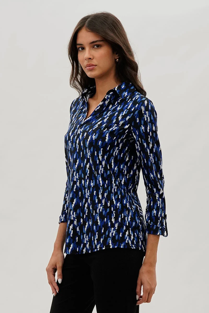 Split Neck Collared Blouse - Navy - Image 2
