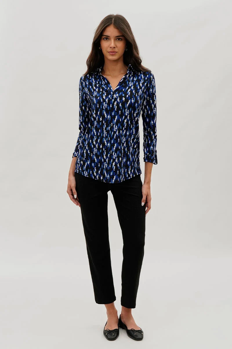 Split Neck Collared Blouse - Navy - Image 5