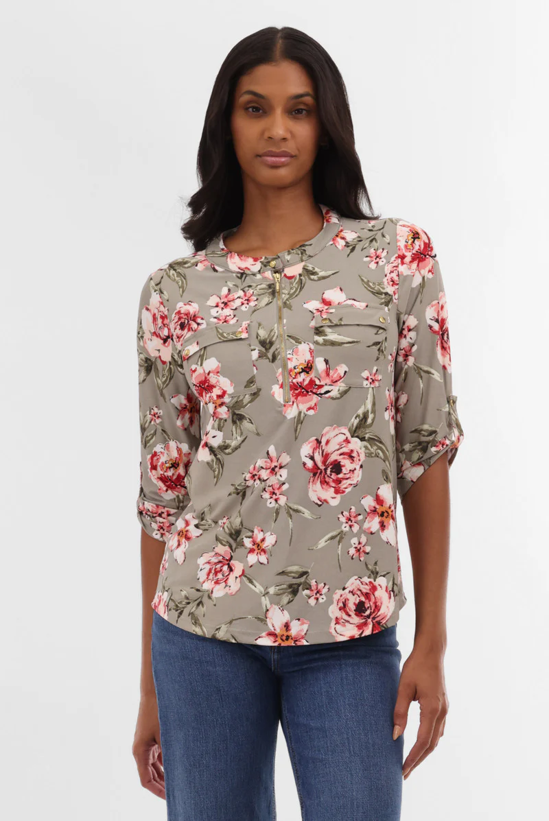 Floral Half Zip Blouse - Olive