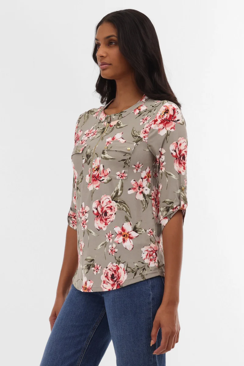 Floral Half Zip Blouse - Olive - Image 2