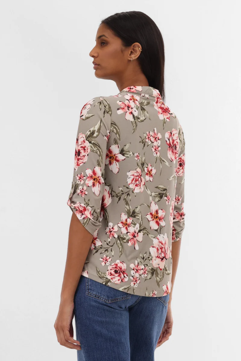 Floral Half Zip Blouse - Olive - Image 3