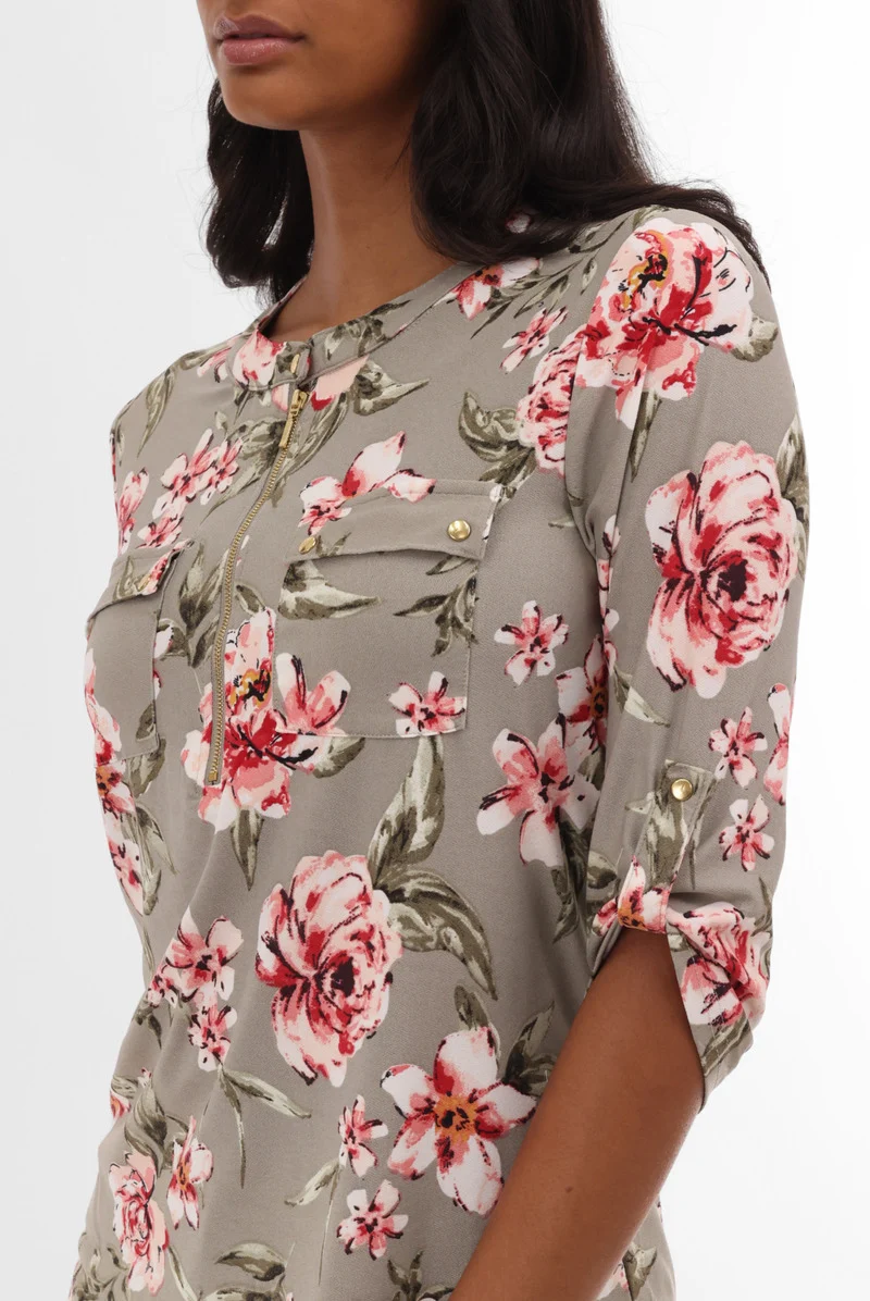Floral Half Zip Blouse - Olive - Image 4