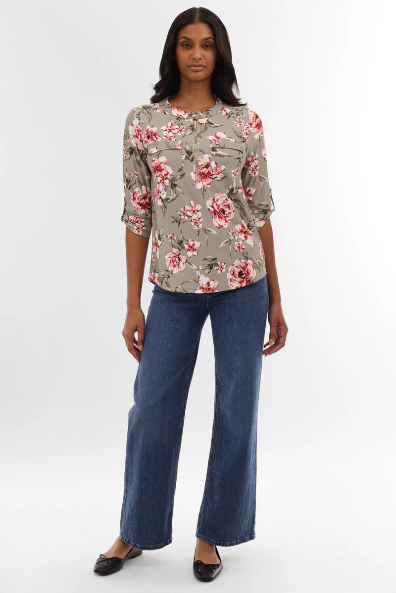 Floral Half Zip Blouse - Olive - Image 5