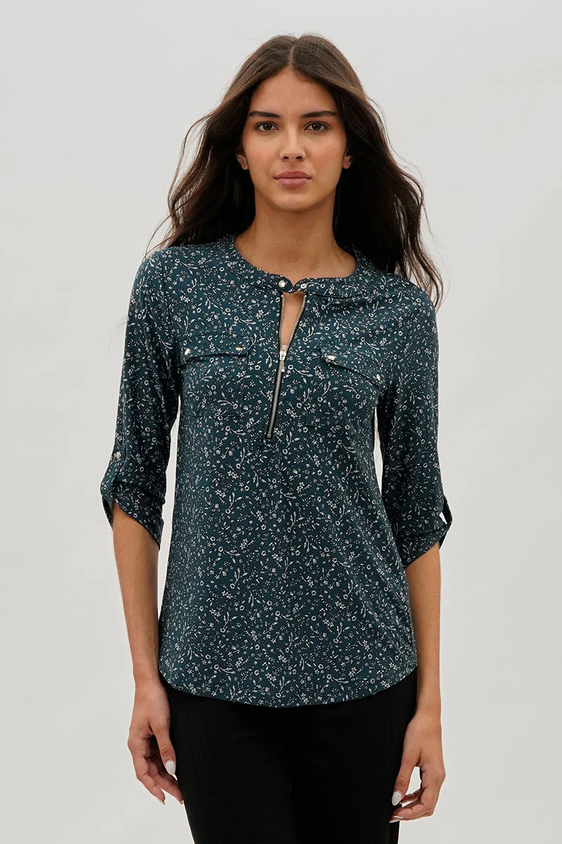 Floral Half Zip Blouse - Teal