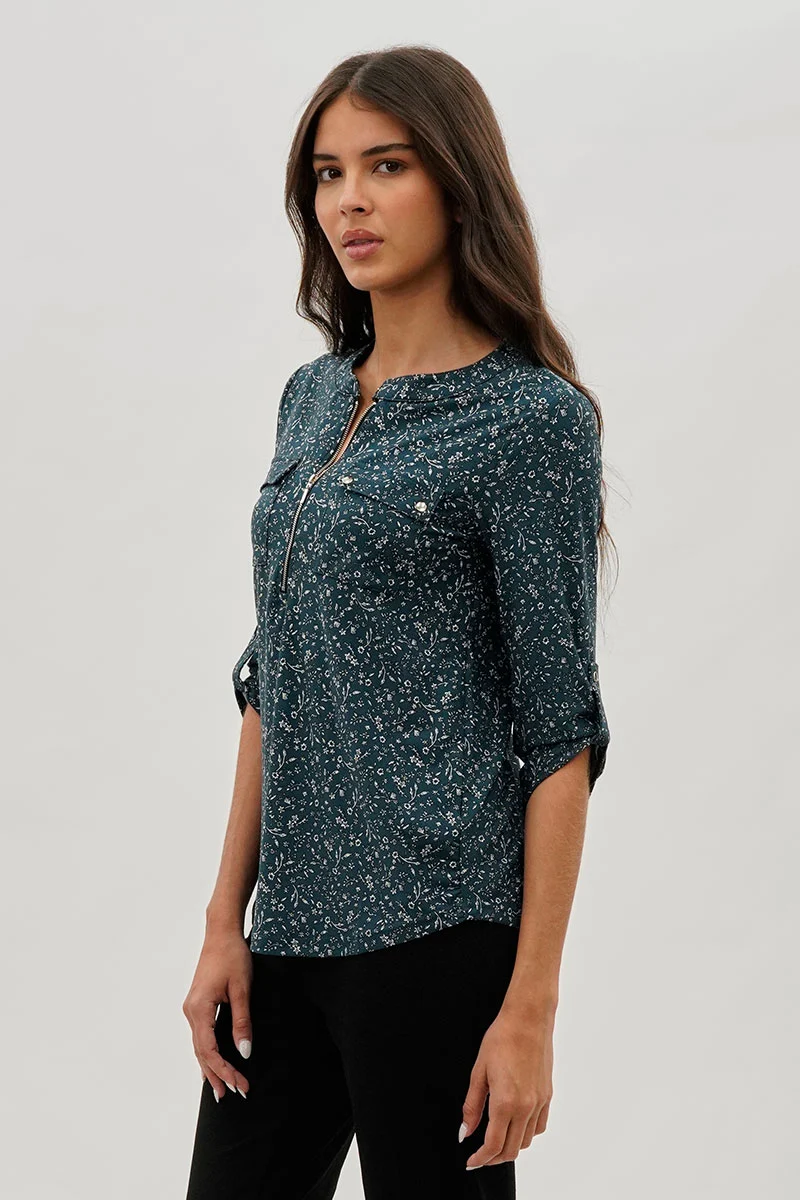Floral Half Zip Blouse - Teal - Image 2