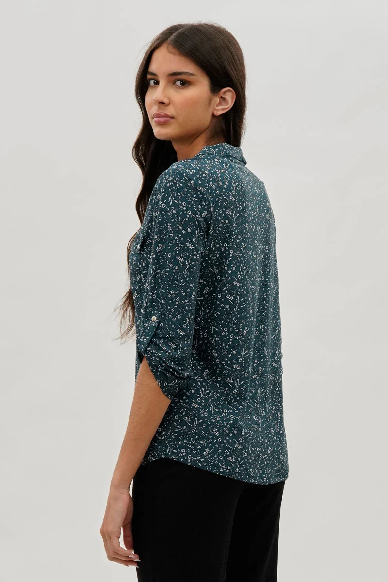 Floral Half Zip Blouse - Teal - Image 3