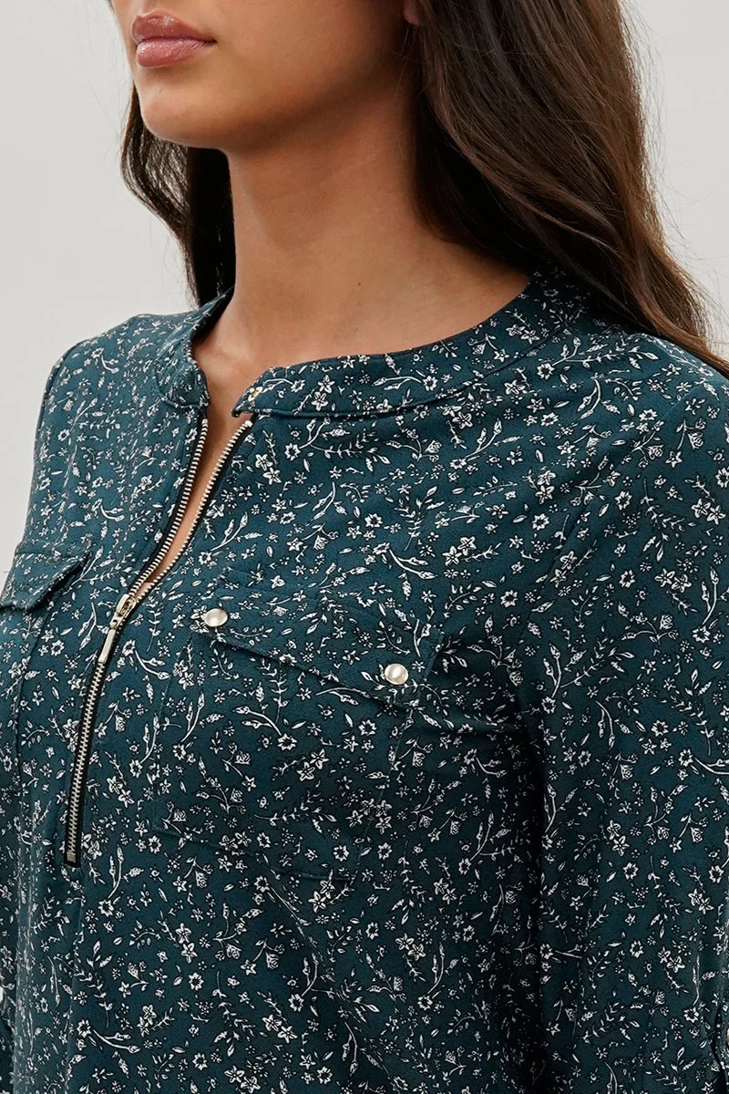 Floral Half Zip Blouse - Teal - Image 4