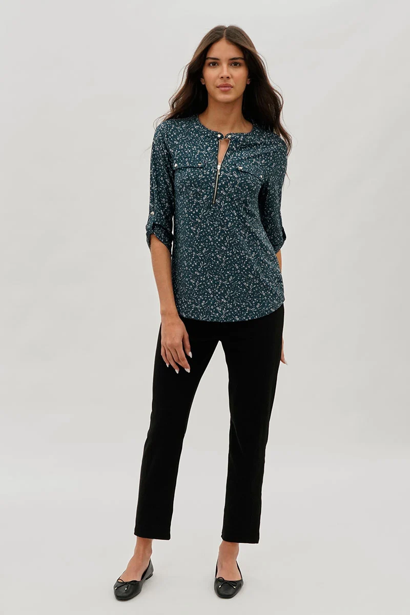 Floral Half Zip Blouse - Teal - Image 5