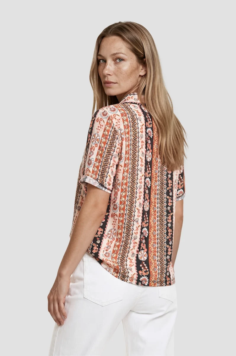 Printed Button Up Short Sleeve Shirt - Orange - Image 2