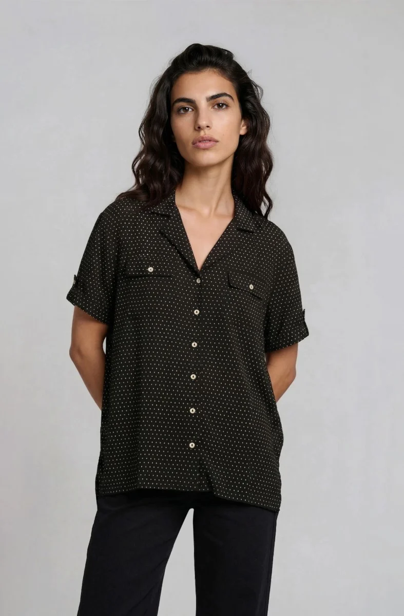Short Sleeve Button Up Top - Black