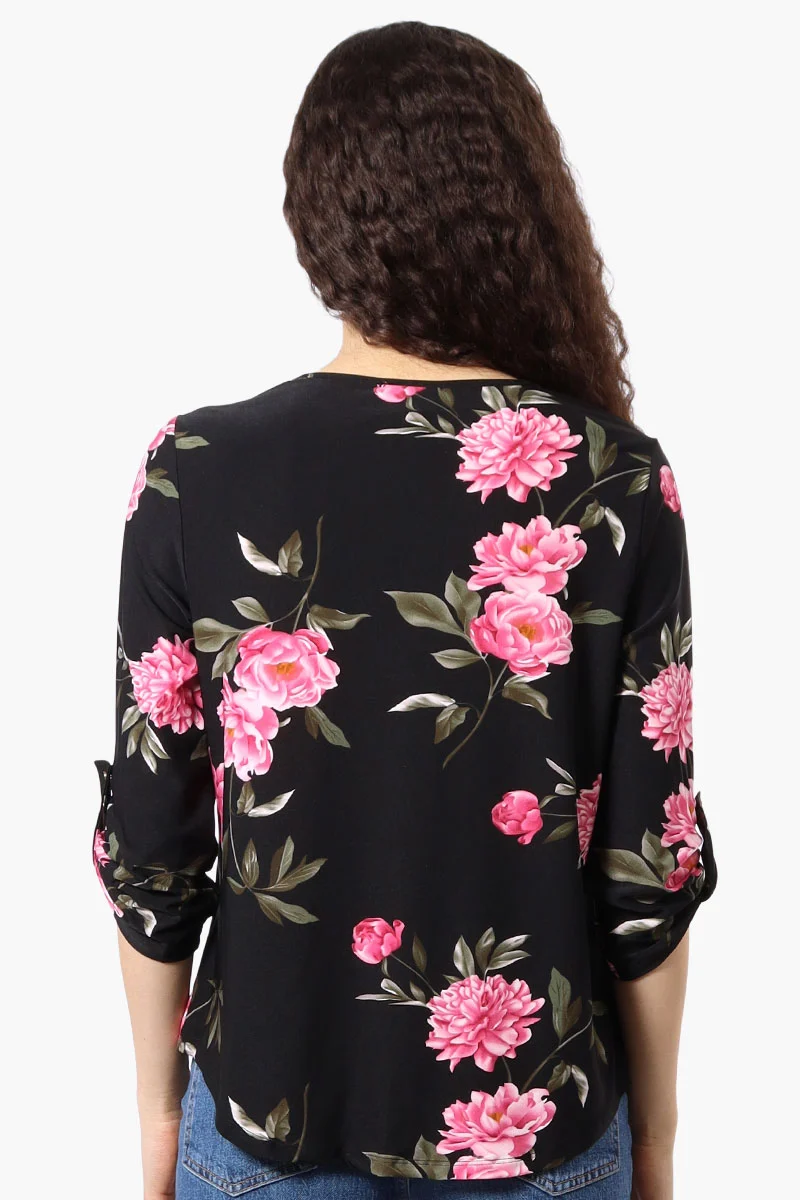 Floral Roll Up Sleeve Blouse - Black - Image 3