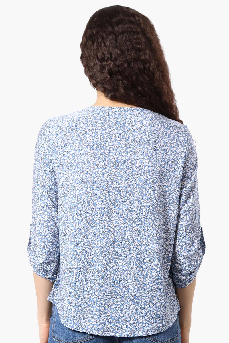 Floral Roll Up Sleeve Blouse - Blue - Image 3