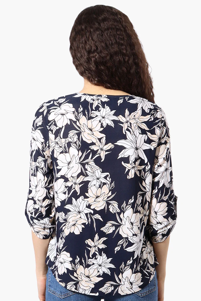 Floral Roll Up Sleeve Blouse - Navy - Image 3