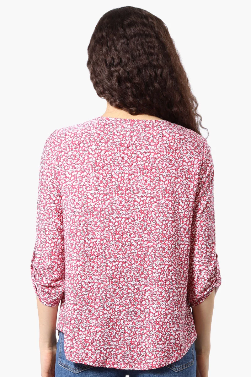 Floral Roll Up Sleeve Blouse - Pink - Image 3