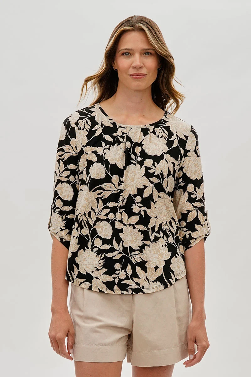 Floral Roll Up Sleeve Blouse - Black