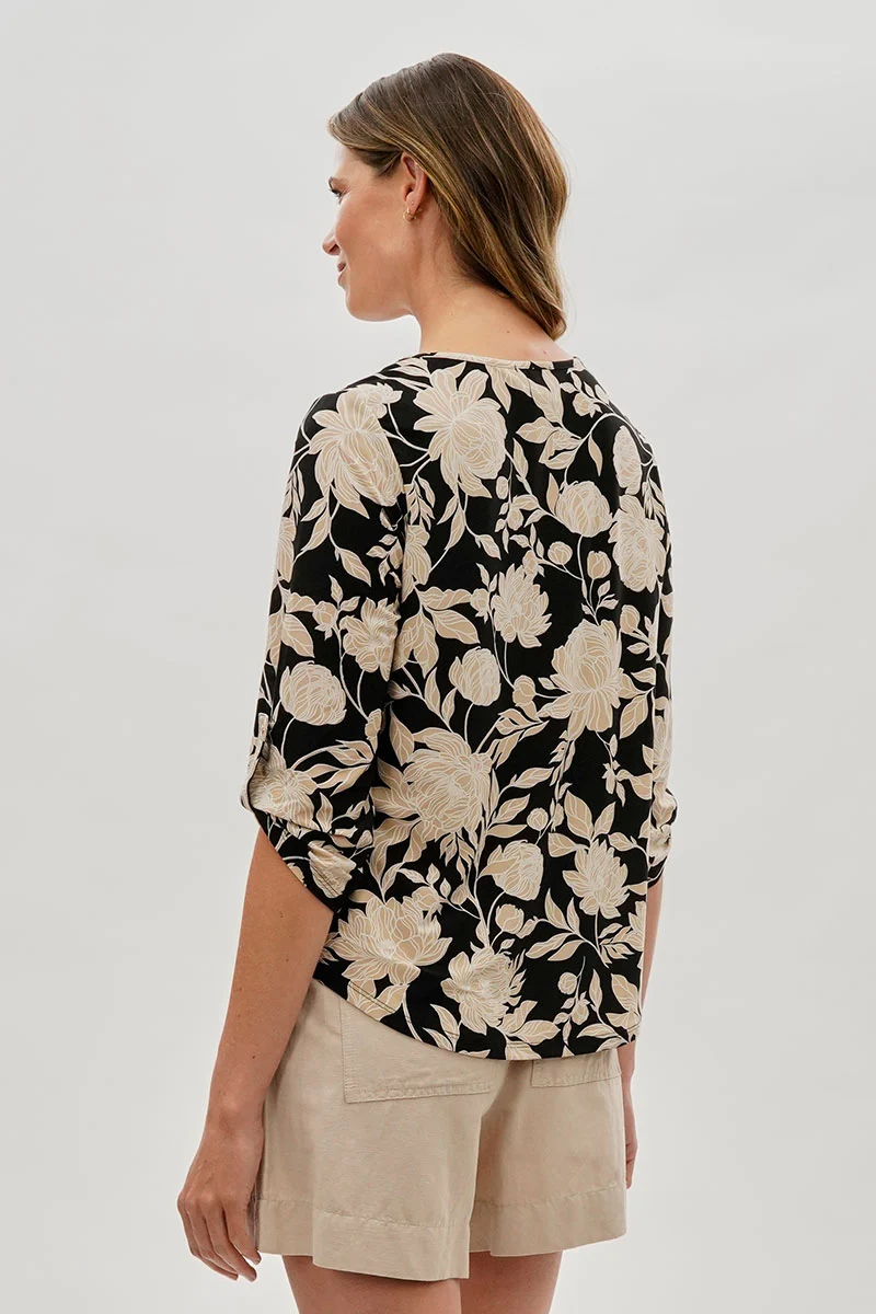 Floral Roll Up Sleeve Blouse - Black - Image 3