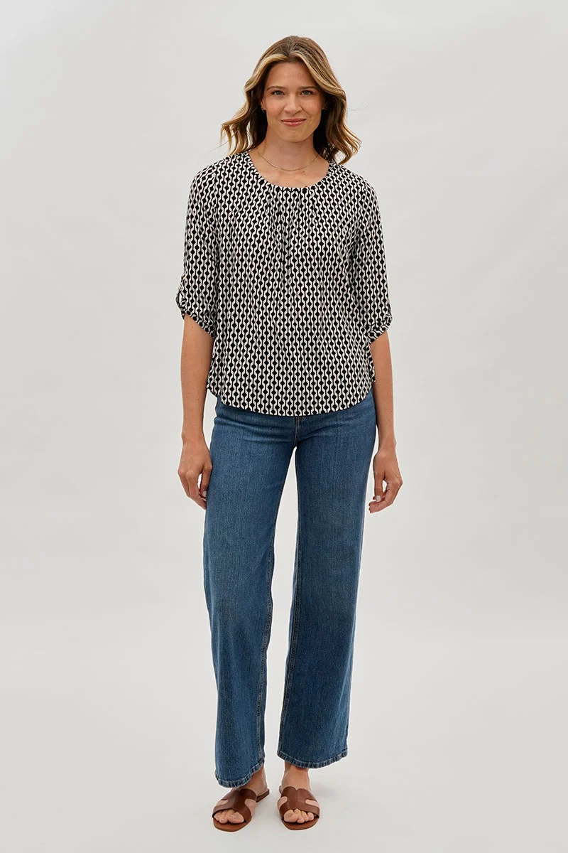 Patterned Roll Up Sleeve Blouse - White - Image 5