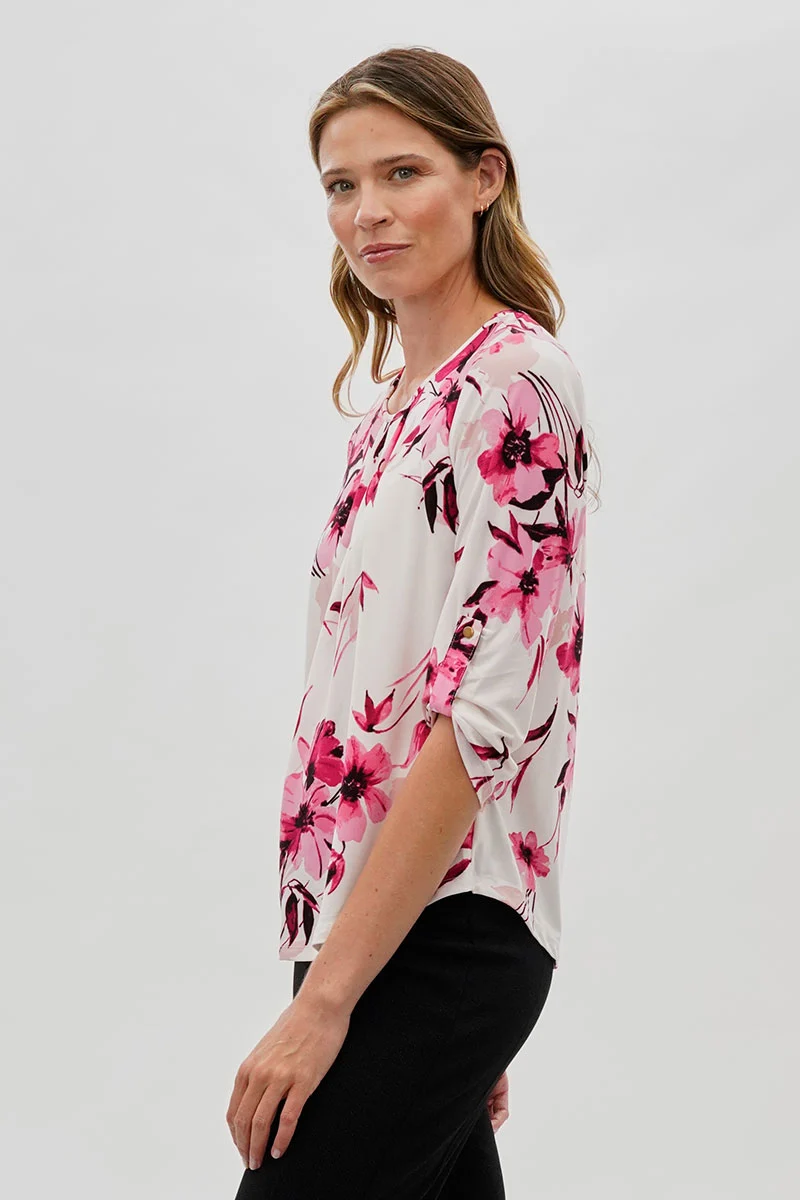 Floral Roll Up Sleeve Blouse - White - Image 2