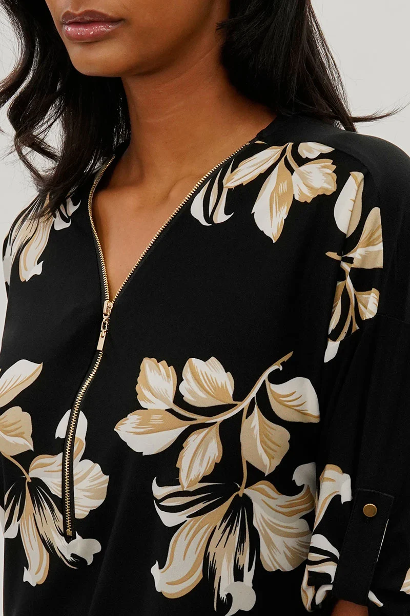 Leaf Print Half Zip Blouse - Black - Image 4