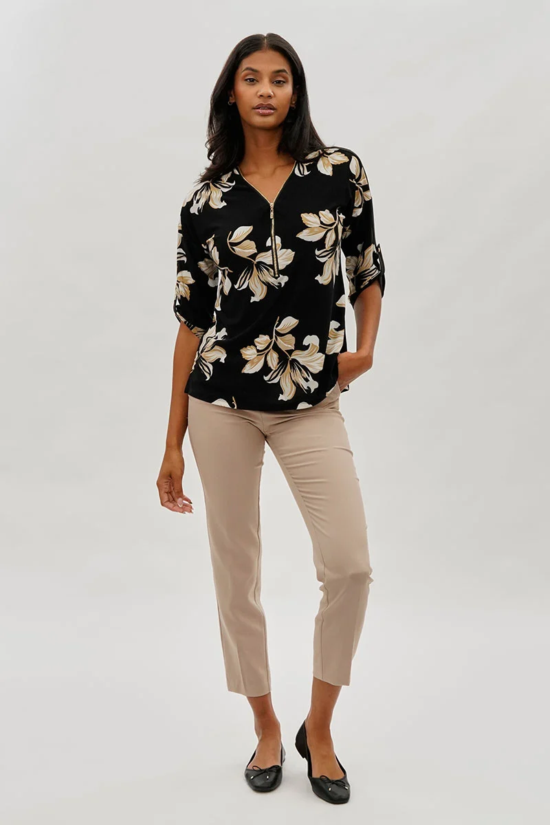 Leaf Print Half Zip Blouse - Black - Image 5