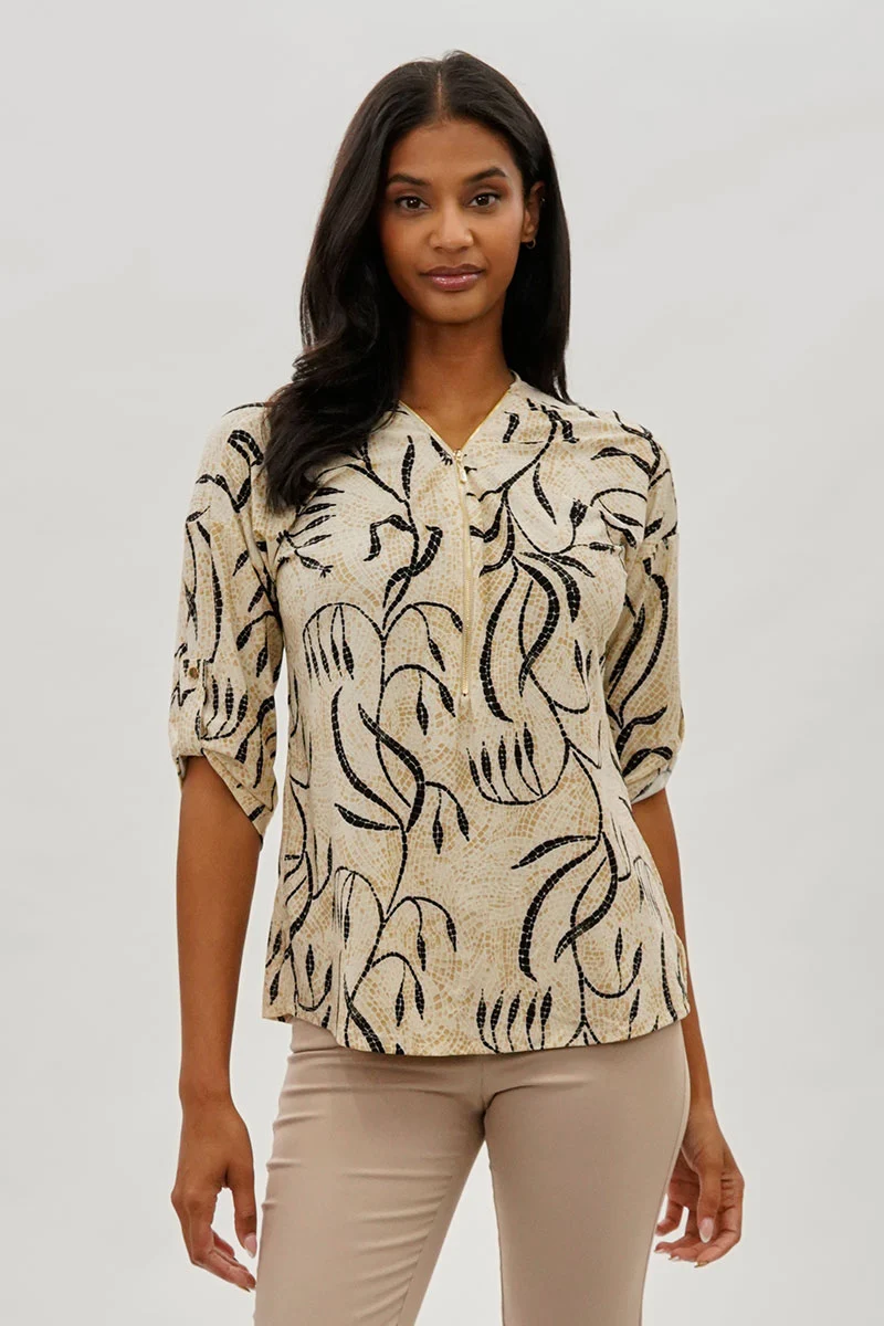 Patterned Half Zip Blouse - Beige
